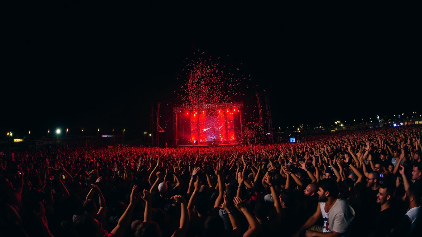 Público em show sertanejo iluminado por luzes vermelhas
